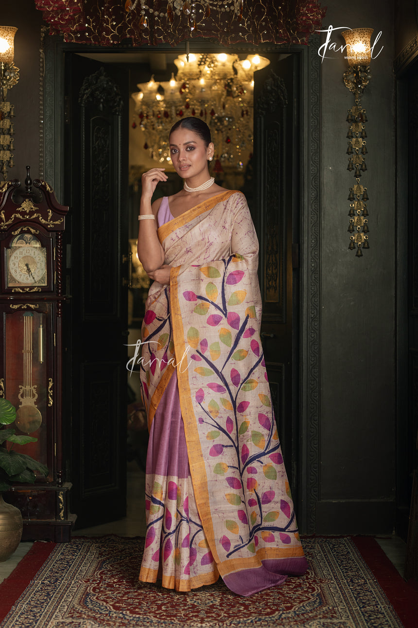 Ivory White With Yellow Border Pure Tussar Silk Handcrafted Wax Batik Saree