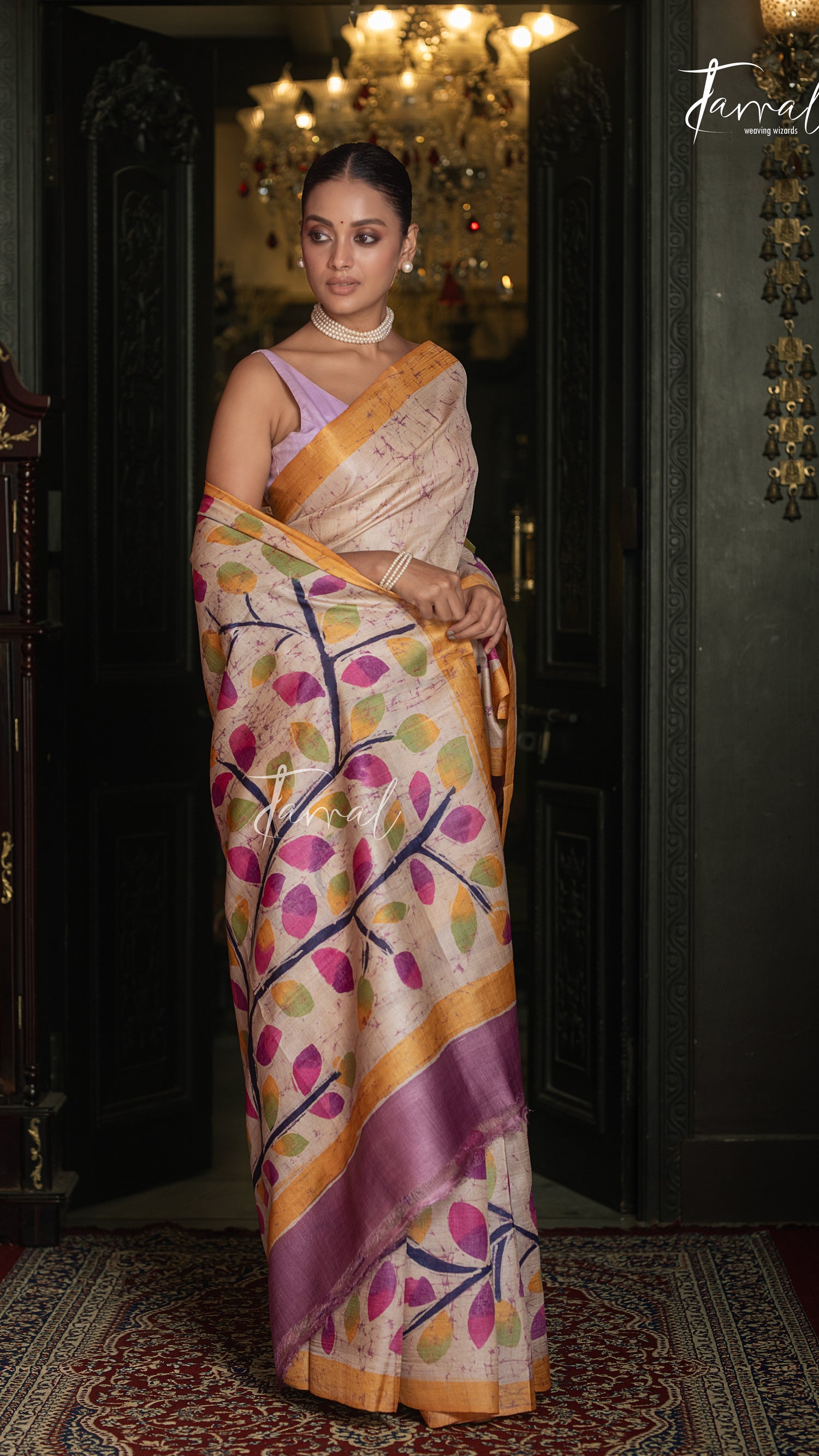 Ivory White With Yellow Border Pure Tussar Silk Handcrafted Wax Batik Saree