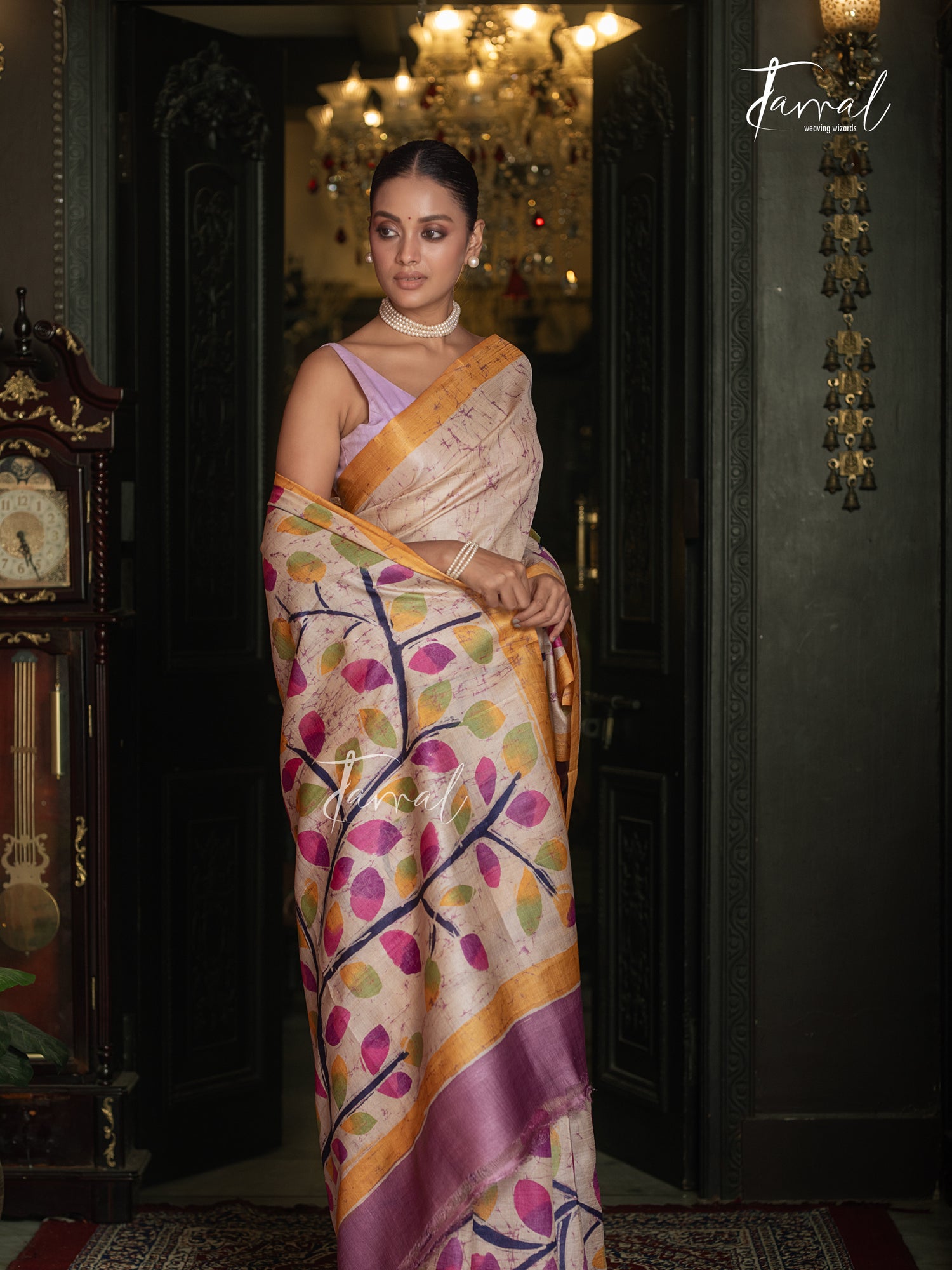 Ivory White With Yellow Border Pure Tussar Silk Handcrafted Wax Batik Saree