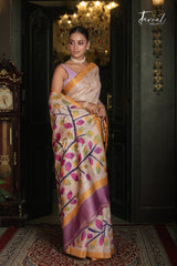 Ivory White With Yellow Border Pure Tussar Silk Handcrafted Wax Batik Saree