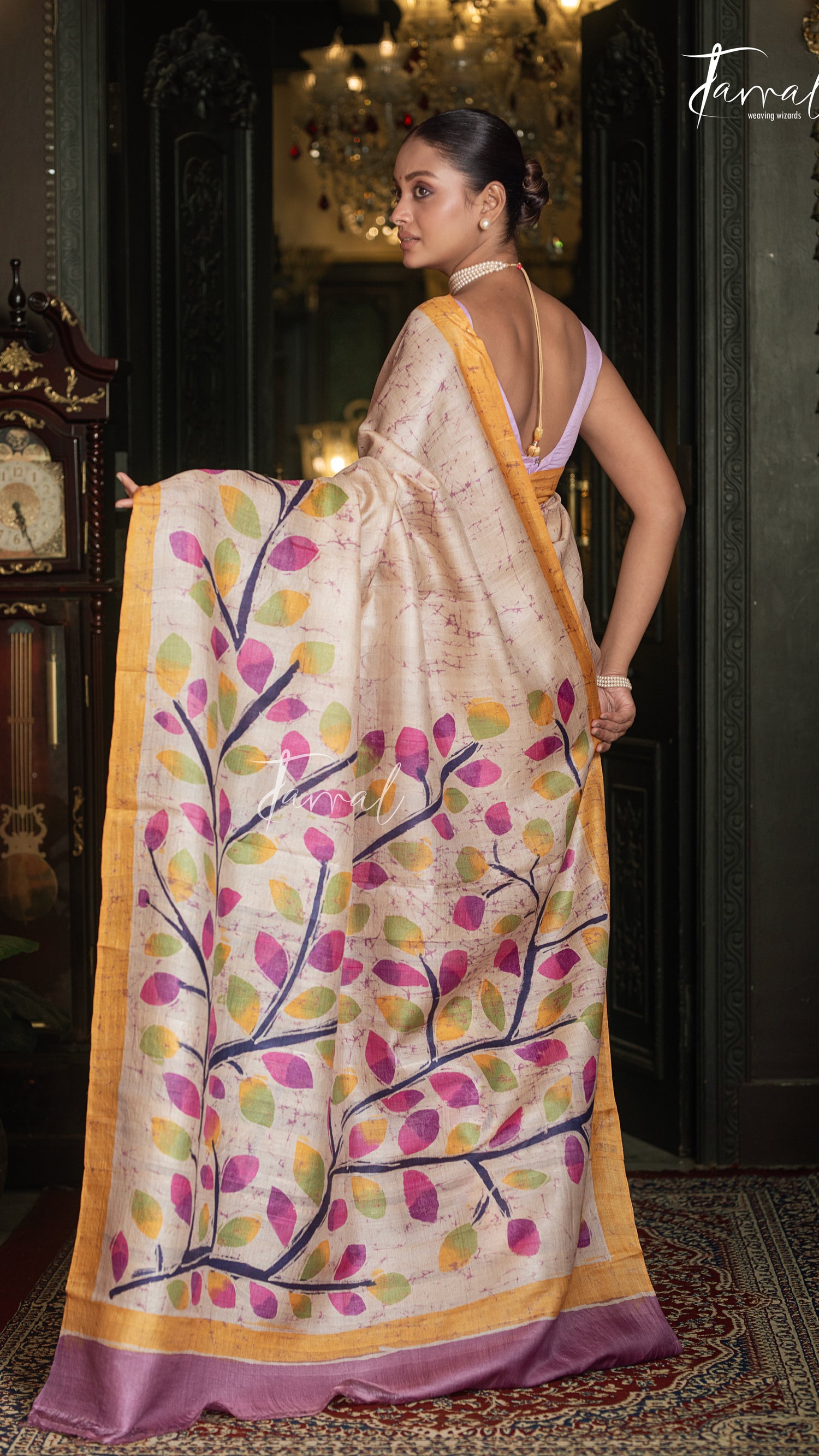 Ivory White With Yellow Border Pure Tussar Silk Handcrafted Wax Batik Saree