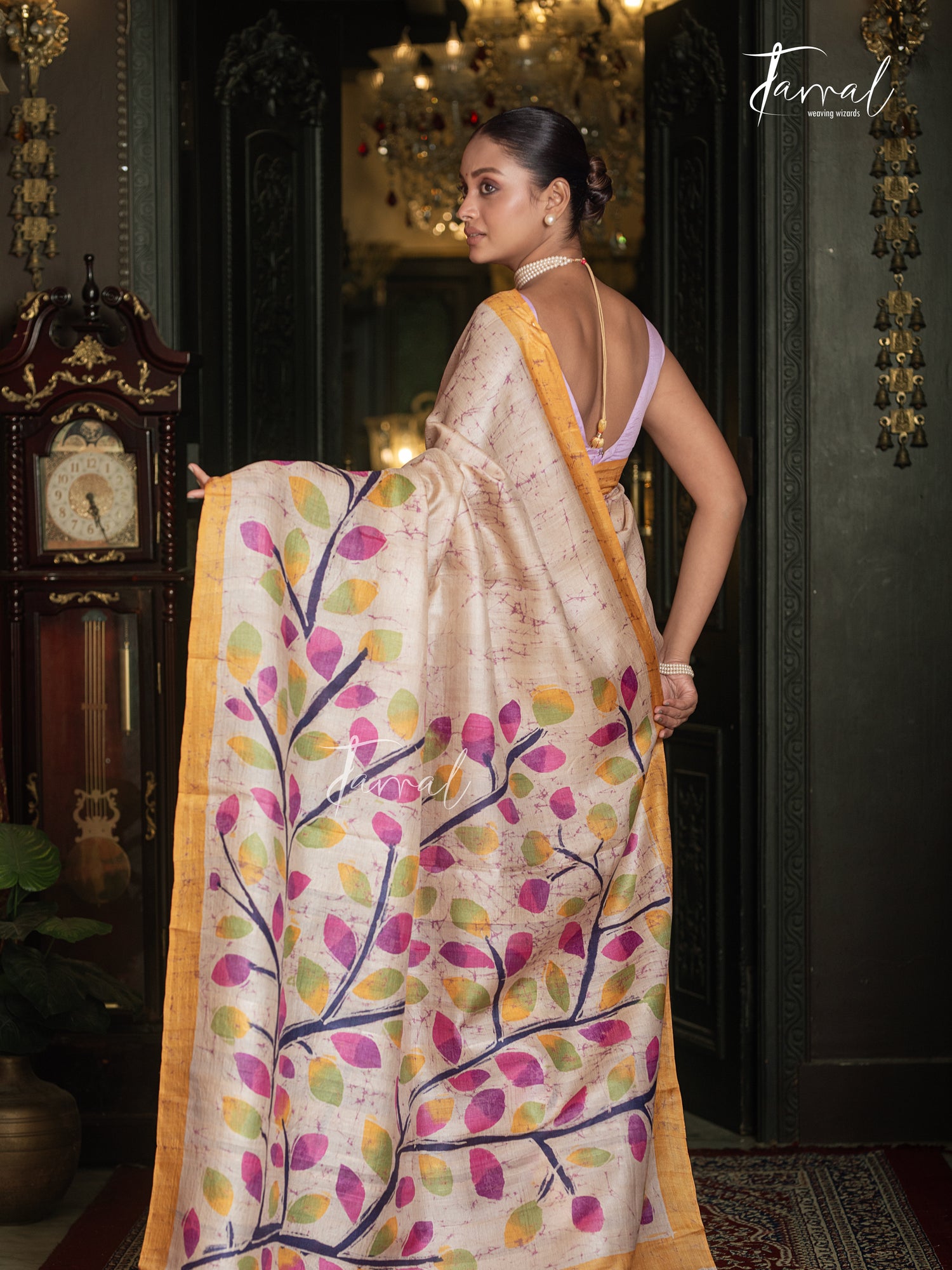 Ivory White With Yellow Border Pure Tussar Silk Handcrafted Wax Batik Saree