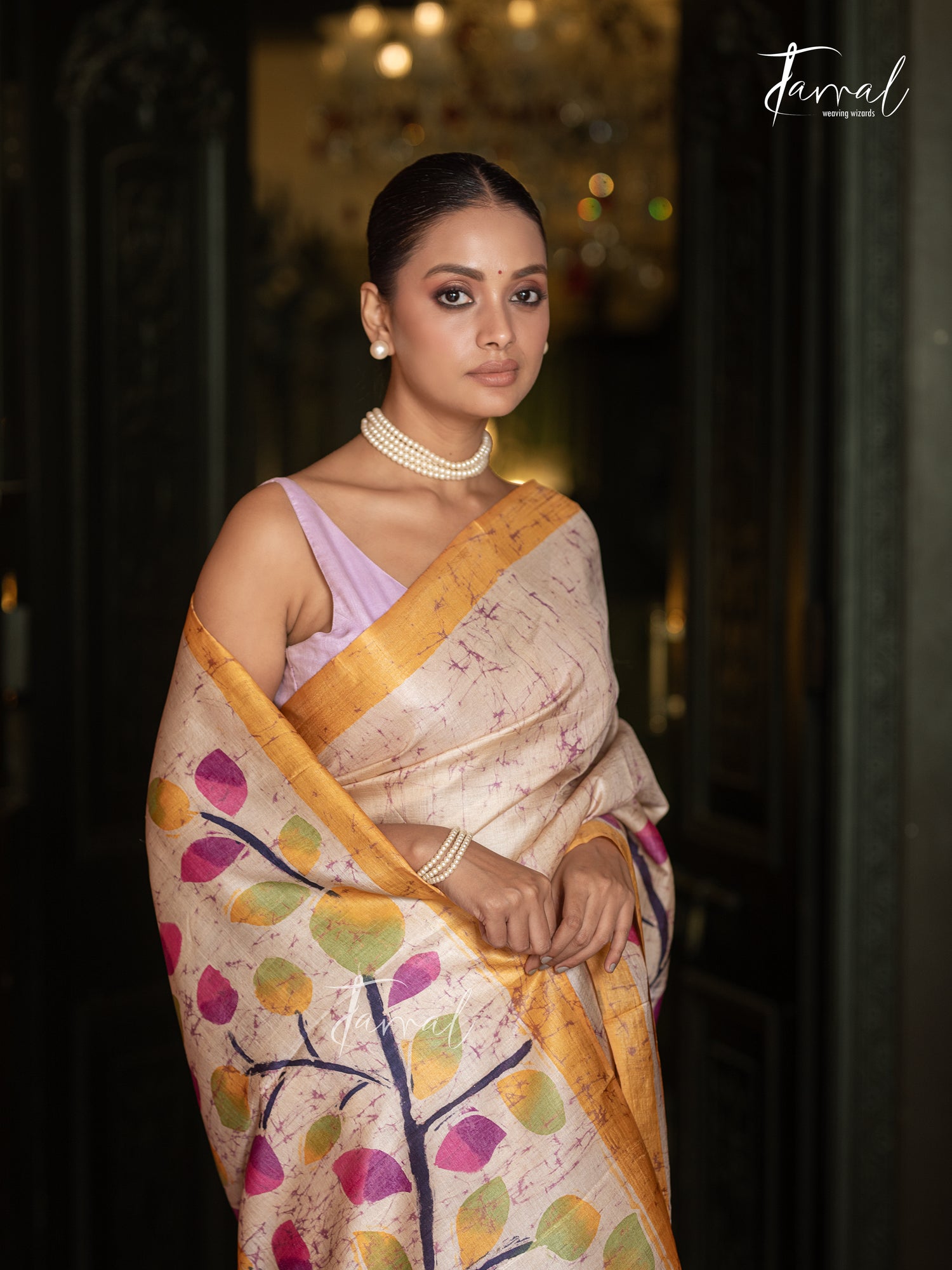 Ivory White With Yellow Border Pure Tussar Silk Handcrafted Wax Batik Saree