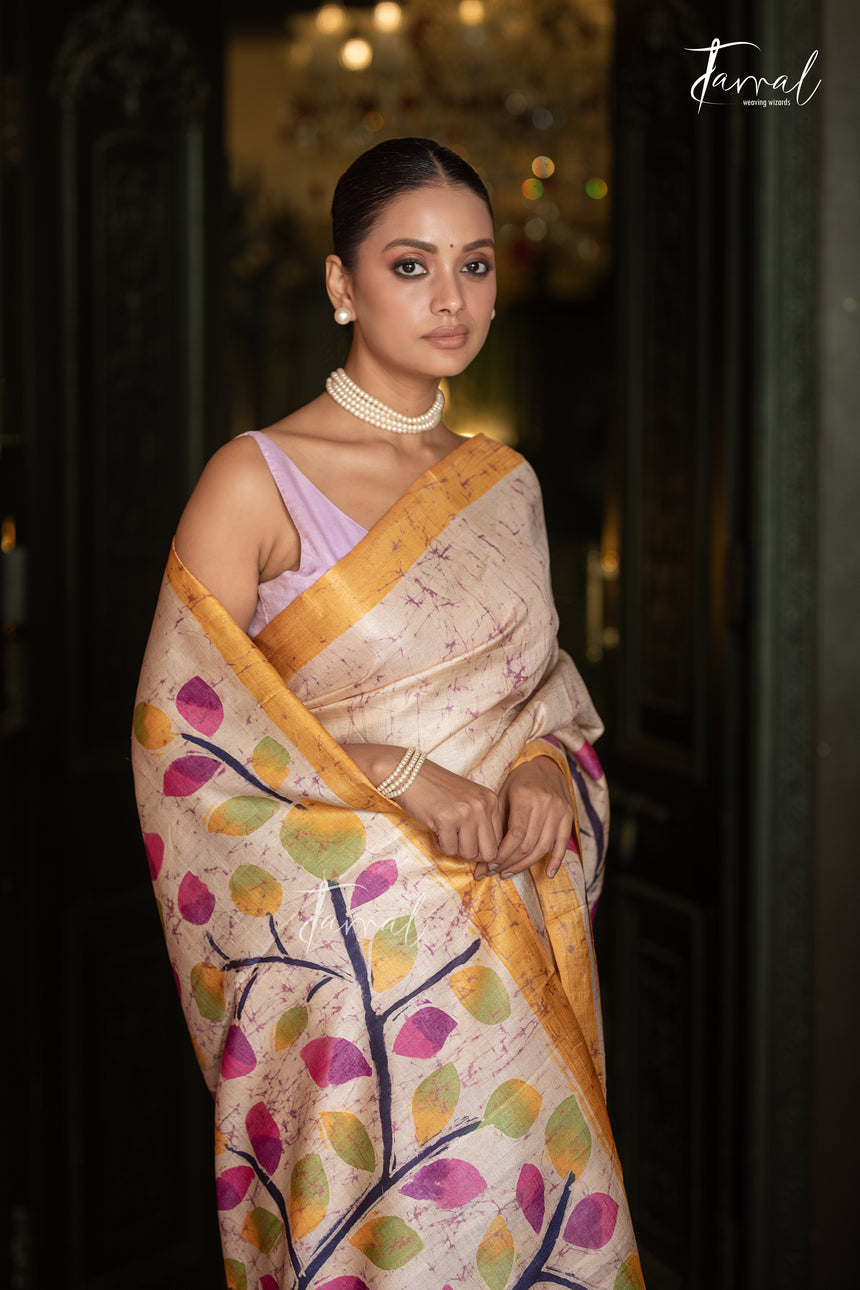 Ivory White With Yellow Border Pure Tussar Silk Handcrafted Wax Batik Saree