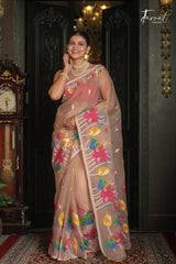 Golden Beige With Multicolour Lotus Motifs Handwoven Jamdani Saree