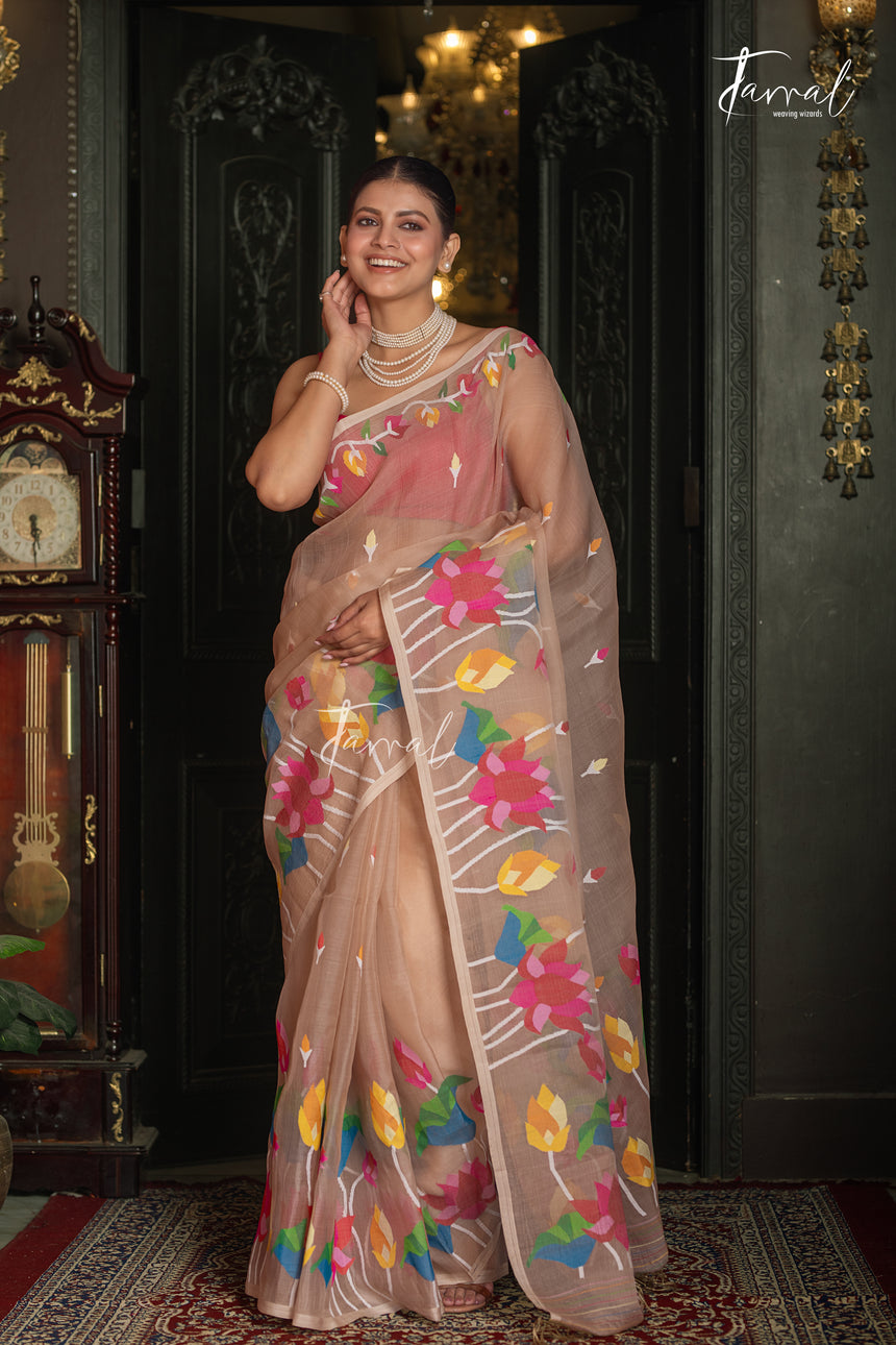 Golden Beige With Multicolour Lotus Motifs Handwoven Jamdani Saree