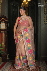 Golden Beige With Multicolour Lotus Motifs Handwoven Jamdani Saree