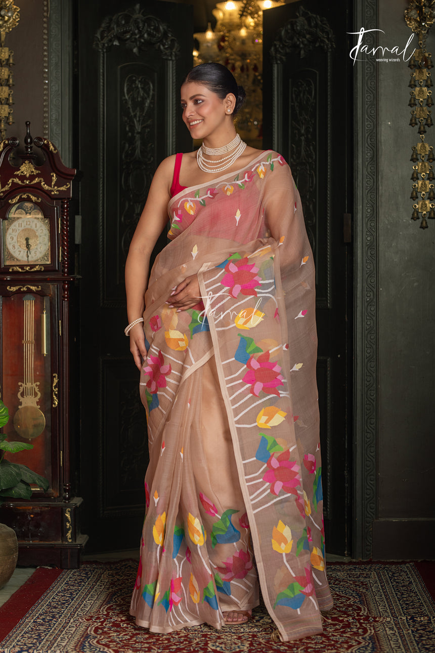 Golden Beige With Multicolour Lotus Motifs Handwoven Jamdani Saree