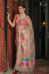 Golden Beige With Multicolour Lotus Motifs Handwoven Jamdani Saree