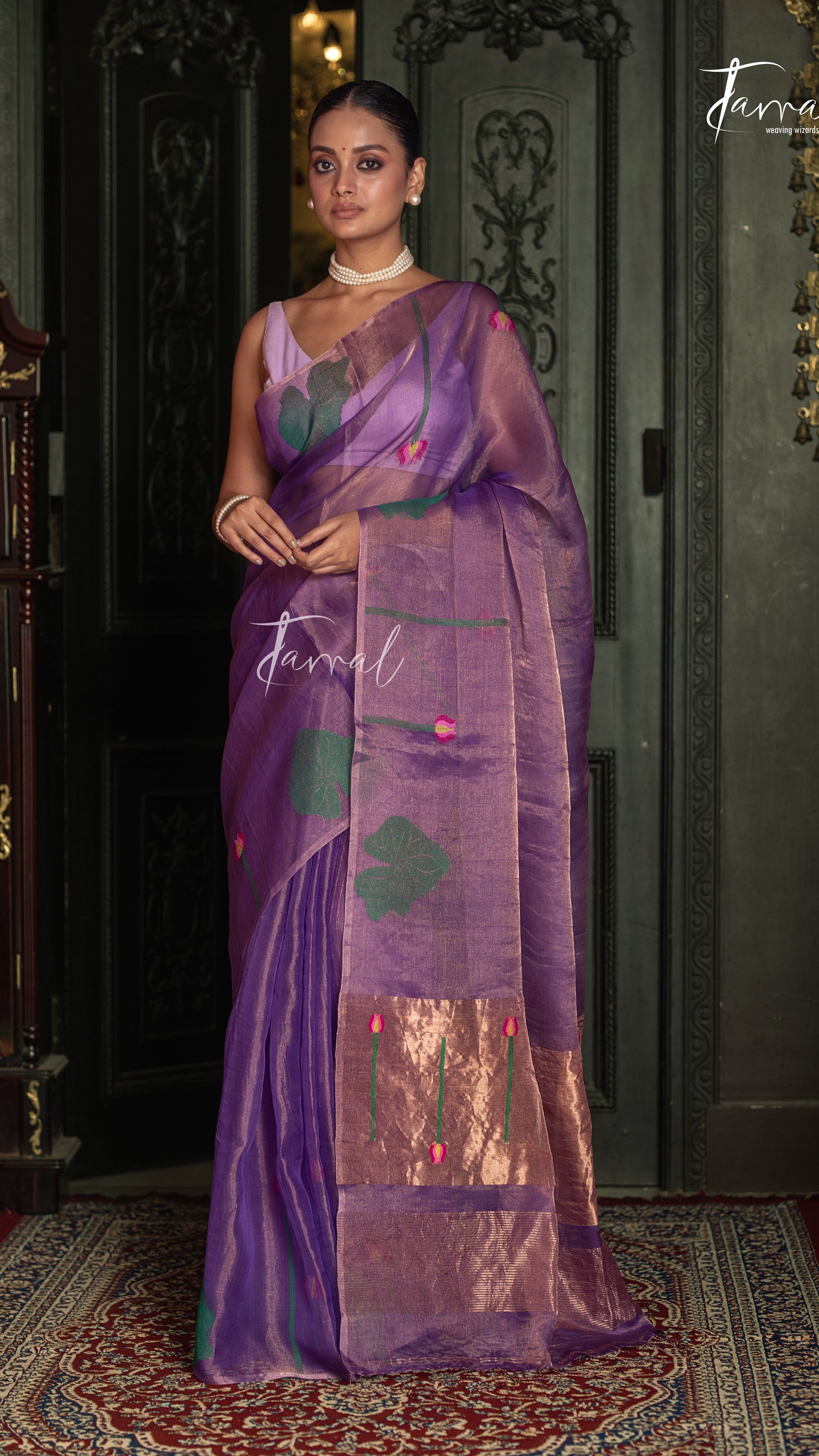 Golden Lavender Lotus Motifs Tissue Silk Handwoven Jamdani Saree
