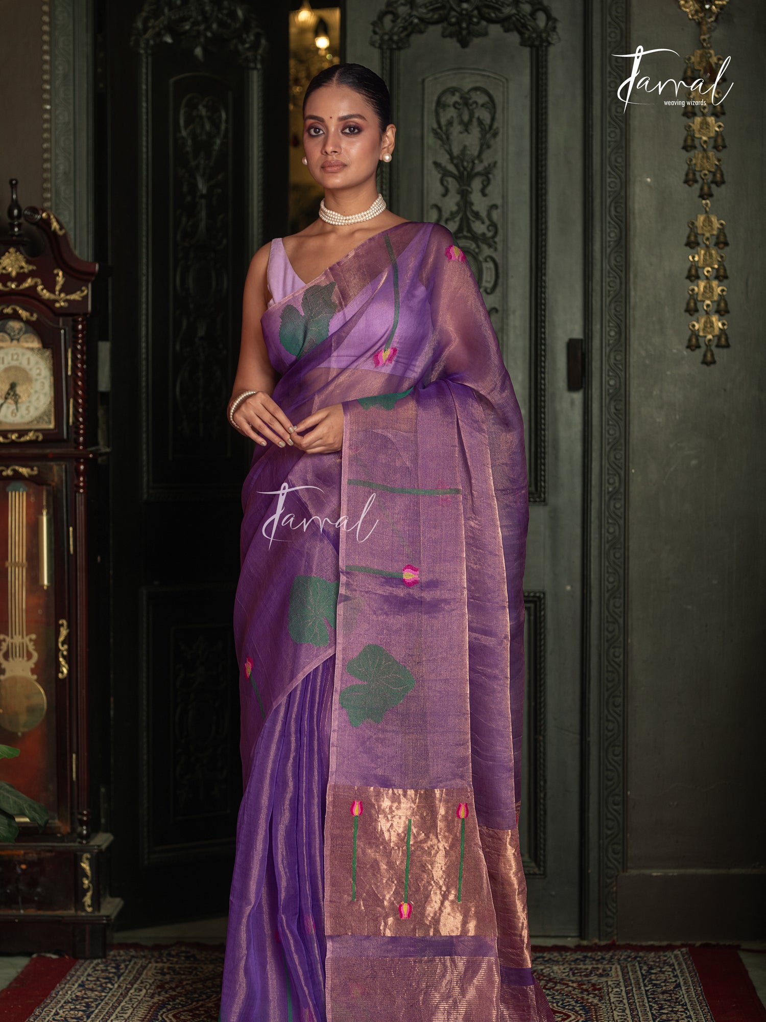 Golden Lavender Lotus Motifs Tissue Silk Handwoven Jamdani Saree