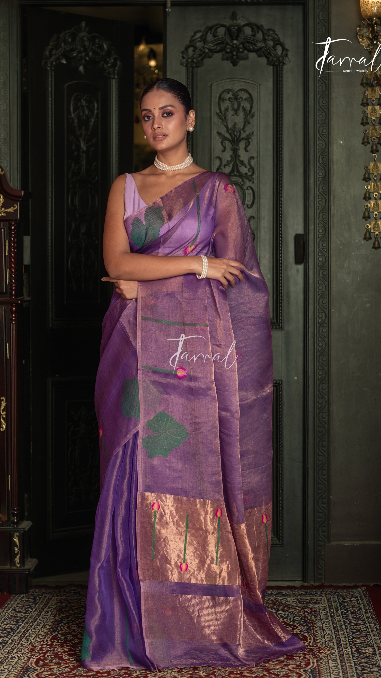 Golden Lavender Lotus Motifs Tissue Silk Handwoven Jamdani Saree