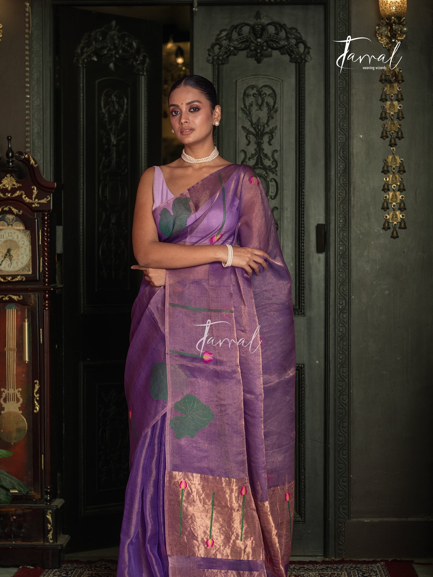 Golden Lavender Lotus Motifs Tissue Silk Handwoven Jamdani Saree