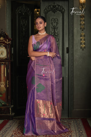 Golden Lavender Lotus Motifs Tissue Silk Handwoven Jamdani Saree