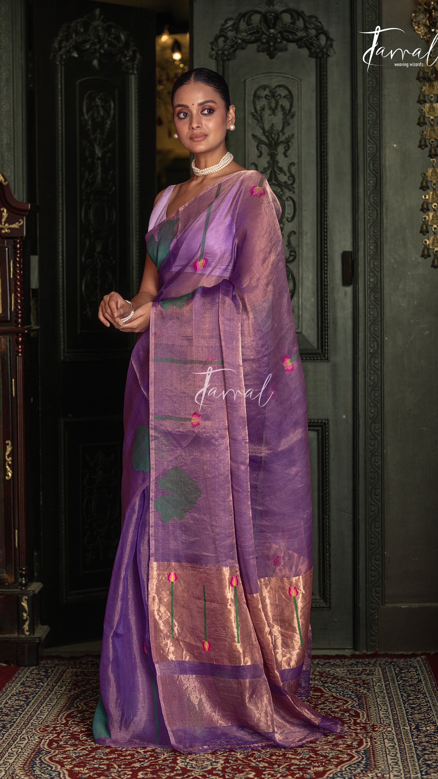 Golden Lavender Lotus Motifs Tissue Silk Handwoven Jamdani Saree