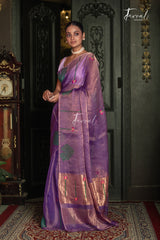 Golden Lavender Lotus Motifs Tissue Silk Handwoven Jamdani Saree