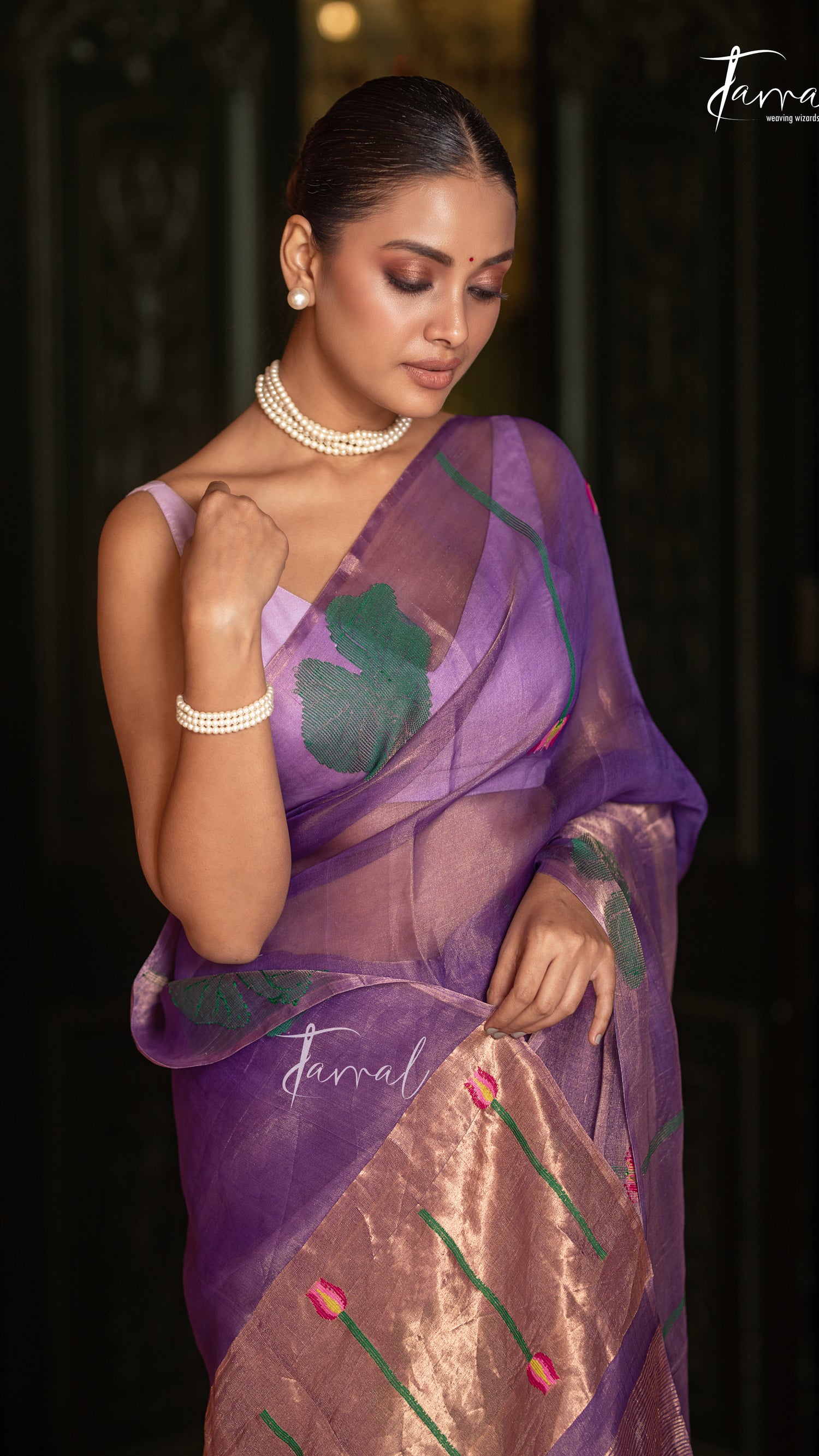 Golden Lavender Lotus Motifs Tissue Silk Handwoven Jamdani Saree