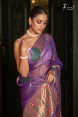 Golden Lavender Lotus Motifs Tissue Silk Handwoven Jamdani Saree