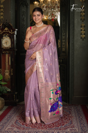 Soft Lavender Pink With Rose Gold Border Pure Organza Silk Paithani Saree