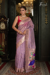 Soft Lavender Pink With Rose-gold Border Pure Organza Silk Paithani Saree