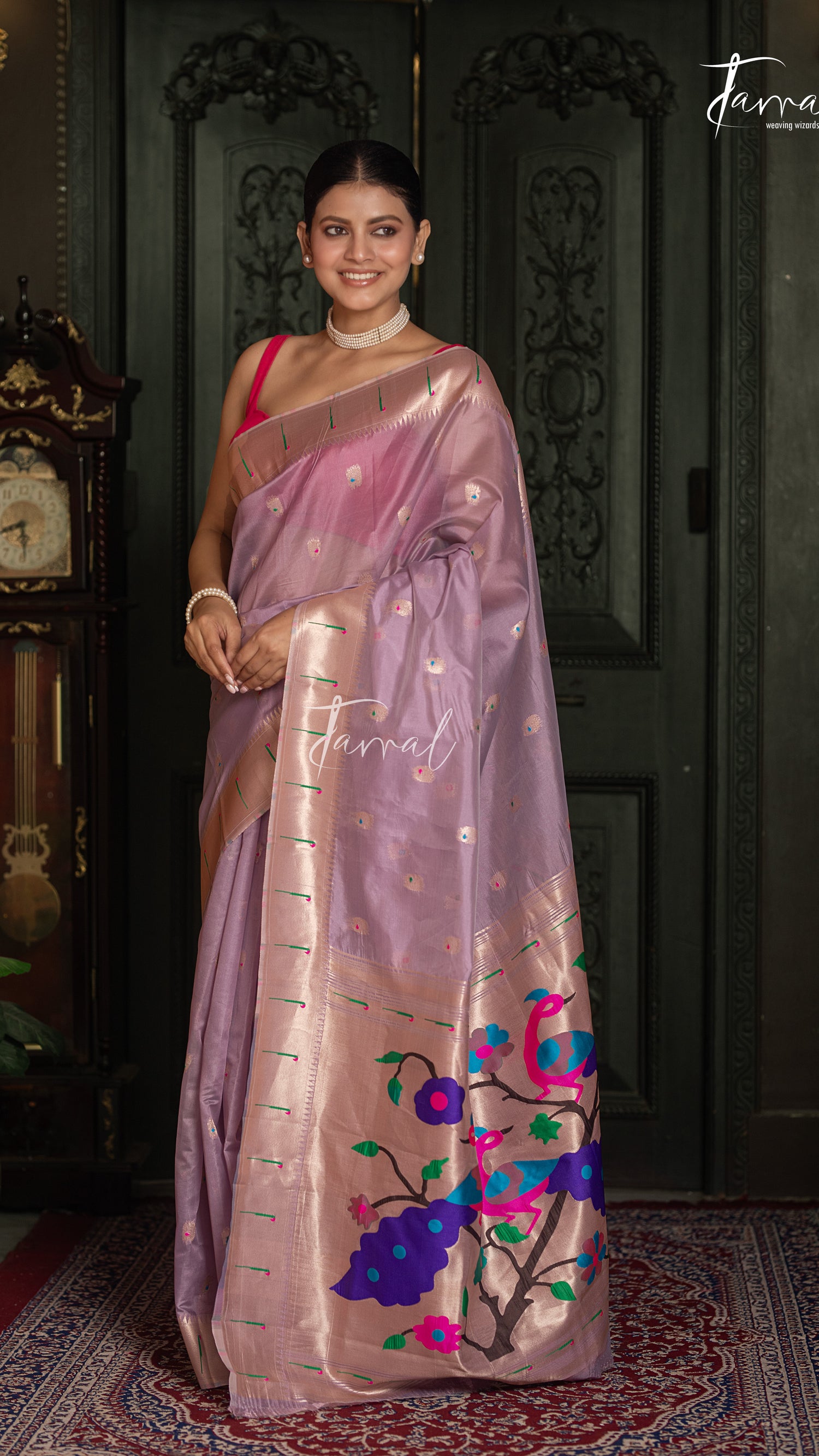 Soft Lavender Pink With Rose Gold Border Pure Organza Silk Paithani Saree