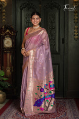 Soft Lavender Pink With Rose-gold Border Pure Organza Silk Paithani Saree