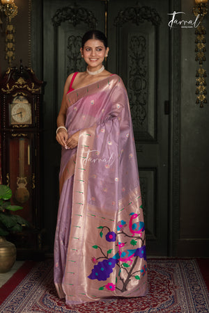 Soft Lavender Pink With Rose Gold Border Pure Organza Silk Paithani Saree