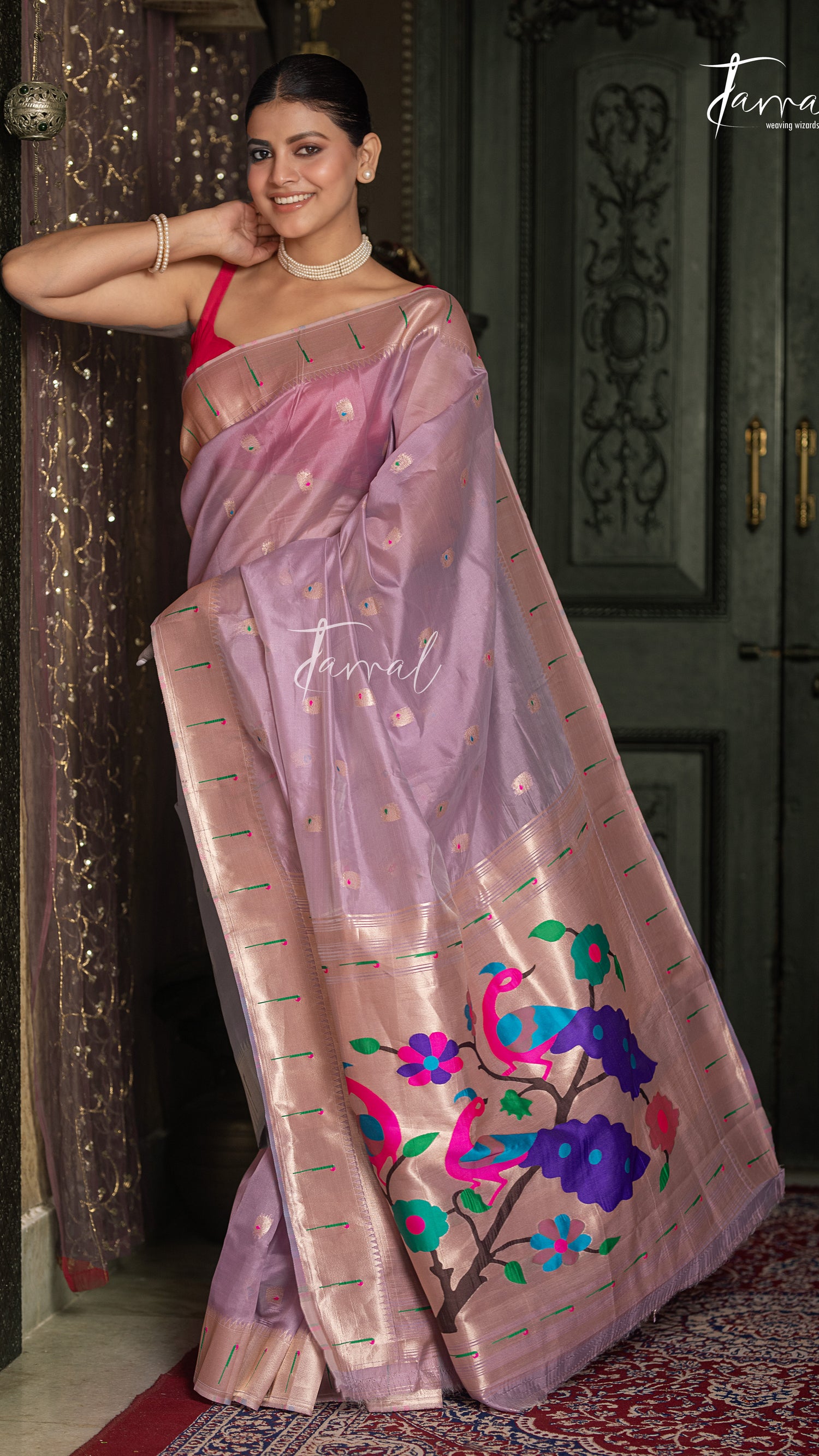 Soft Lavender Pink With Rose Gold Border Pure Organza Silk Paithani Saree