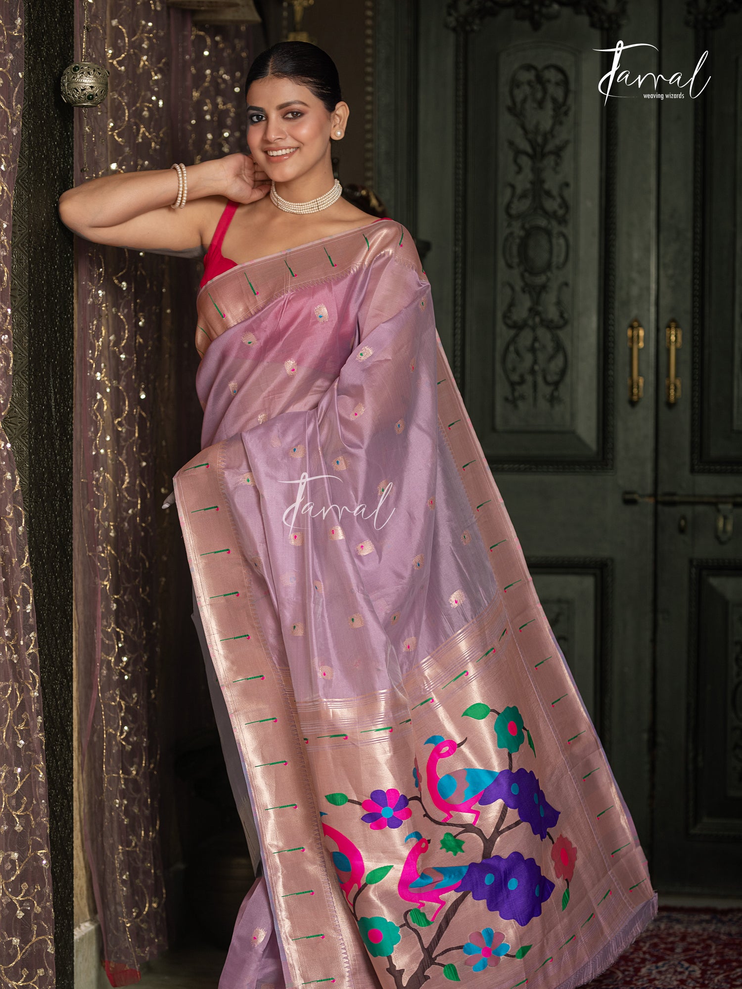 Soft Lavender Pink With Rose-gold Border Pure Organza Silk Paithani Saree