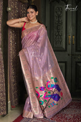Soft Lavender Pink With Rose-gold Border Pure Organza Silk Paithani Saree