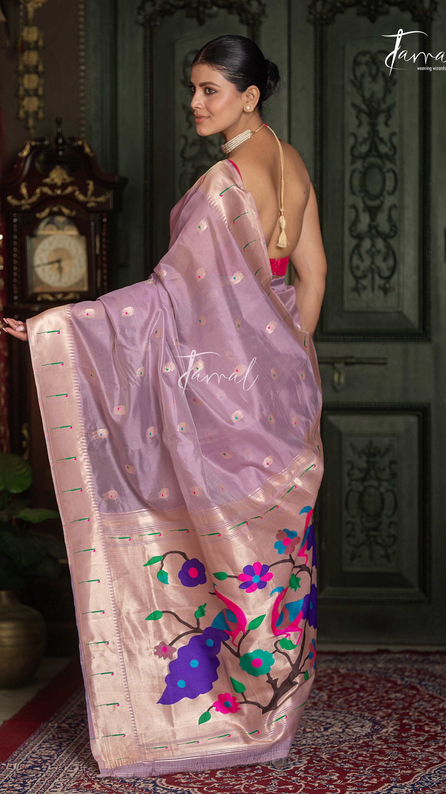 Soft Lavender Pink With Rose Gold Border Pure Organza Silk Paithani Saree