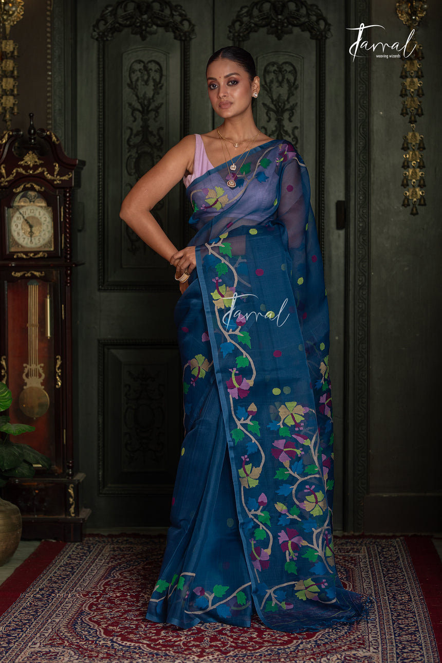 Teal Blue Handwoven Muslin Silk Jamdani Saree with Multicolour Floral Design
