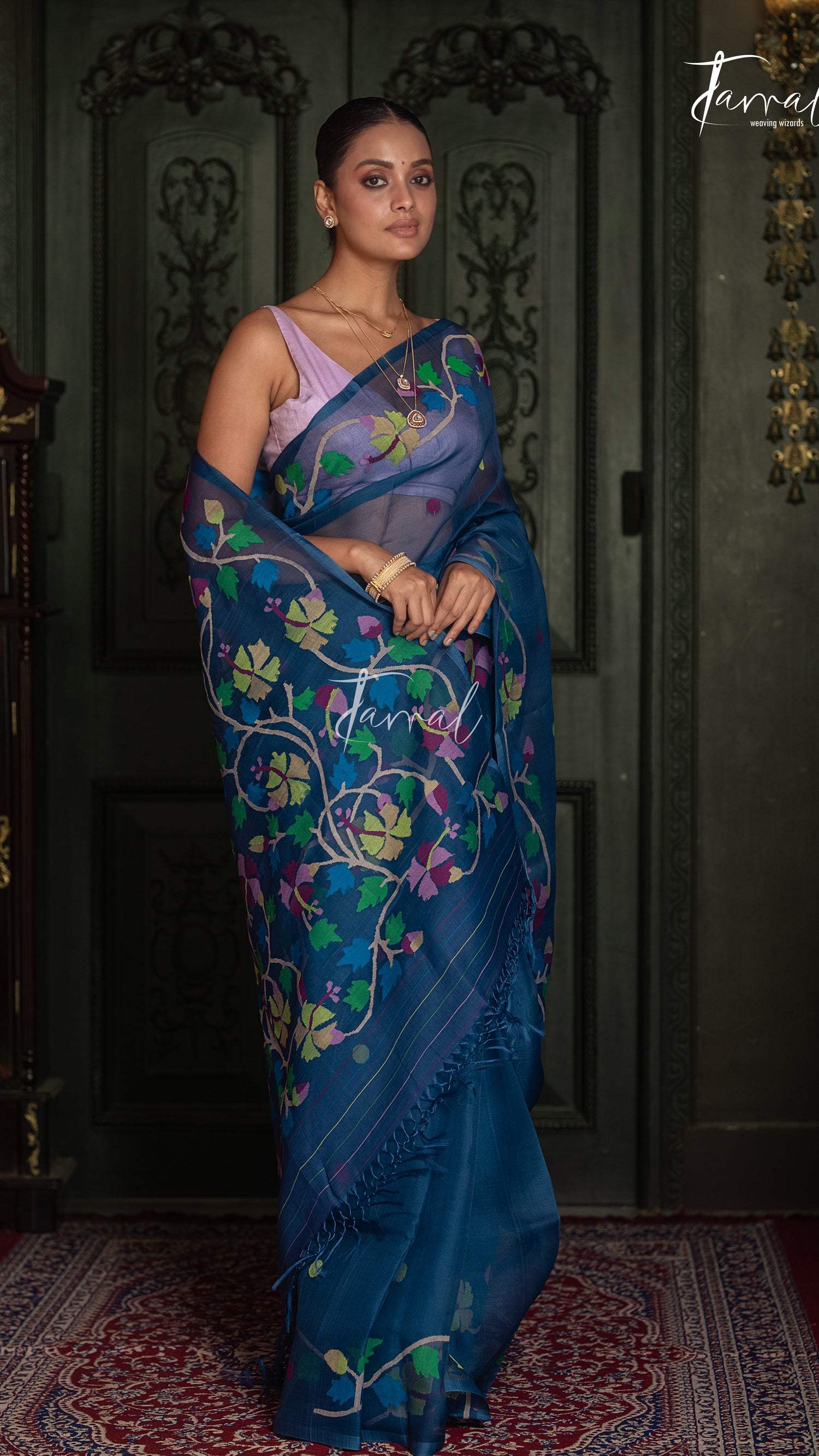 Teal Blue Handwoven Muslin Silk Jamdani Saree with Multicolour Floral Design