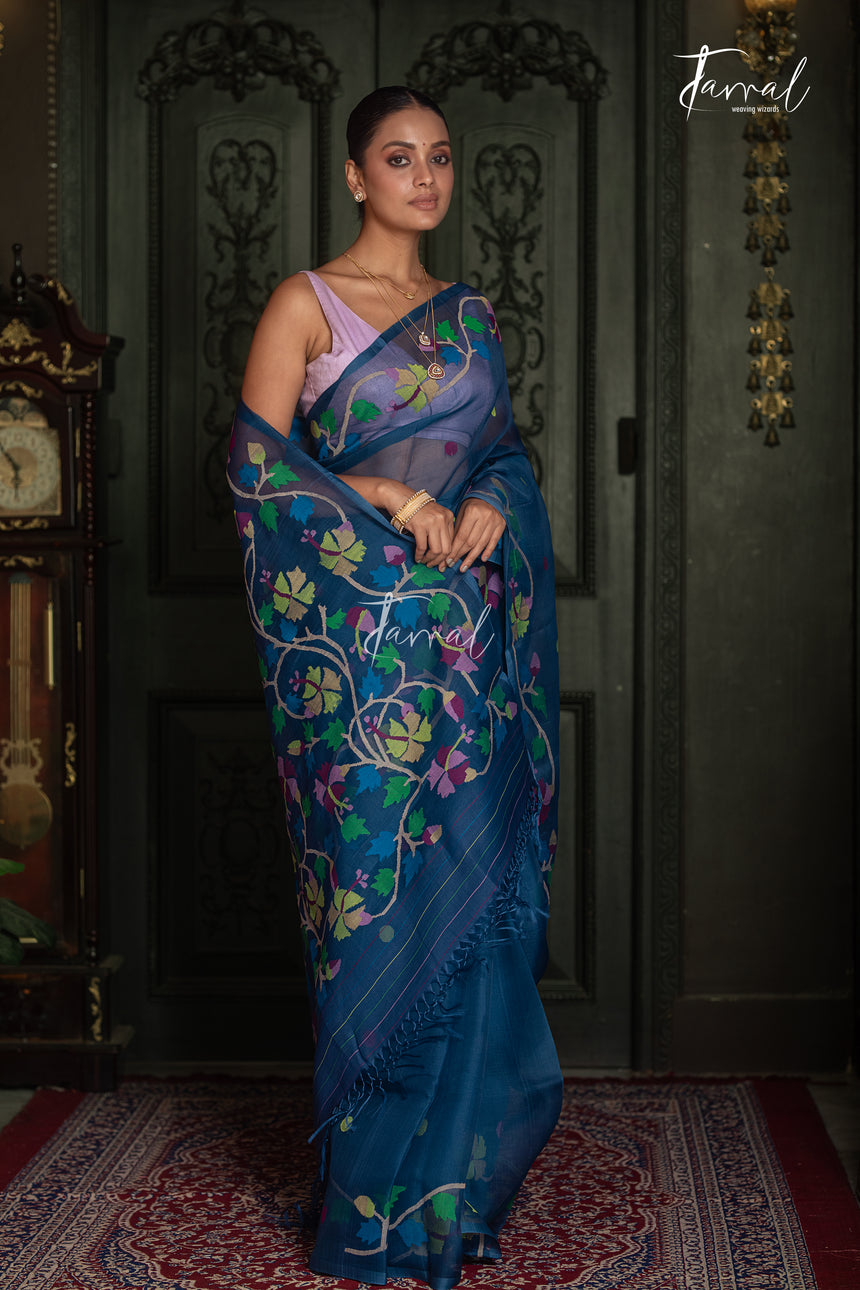 Teal Blue Handwoven Muslin Silk Jamdani Saree with Multicolour Floral Design