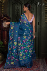 Teal Blue Handwoven Muslin Silk Jamdani Saree with Multicolour Floral Design
