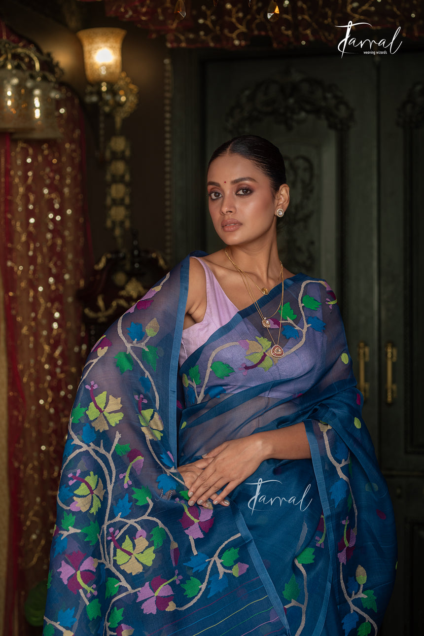 Teal Blue Handwoven Muslin Silk Jamdani Saree with Multicolour Floral Design