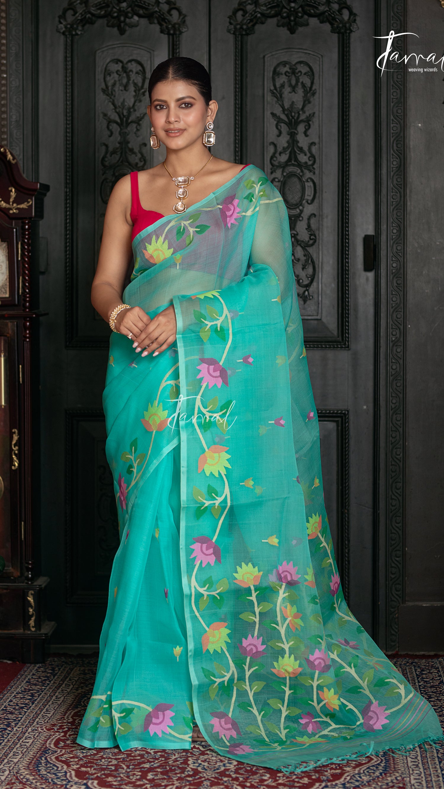 Sea Green With Floral Border Muslin Silk Handwoven Jamdani Saree
