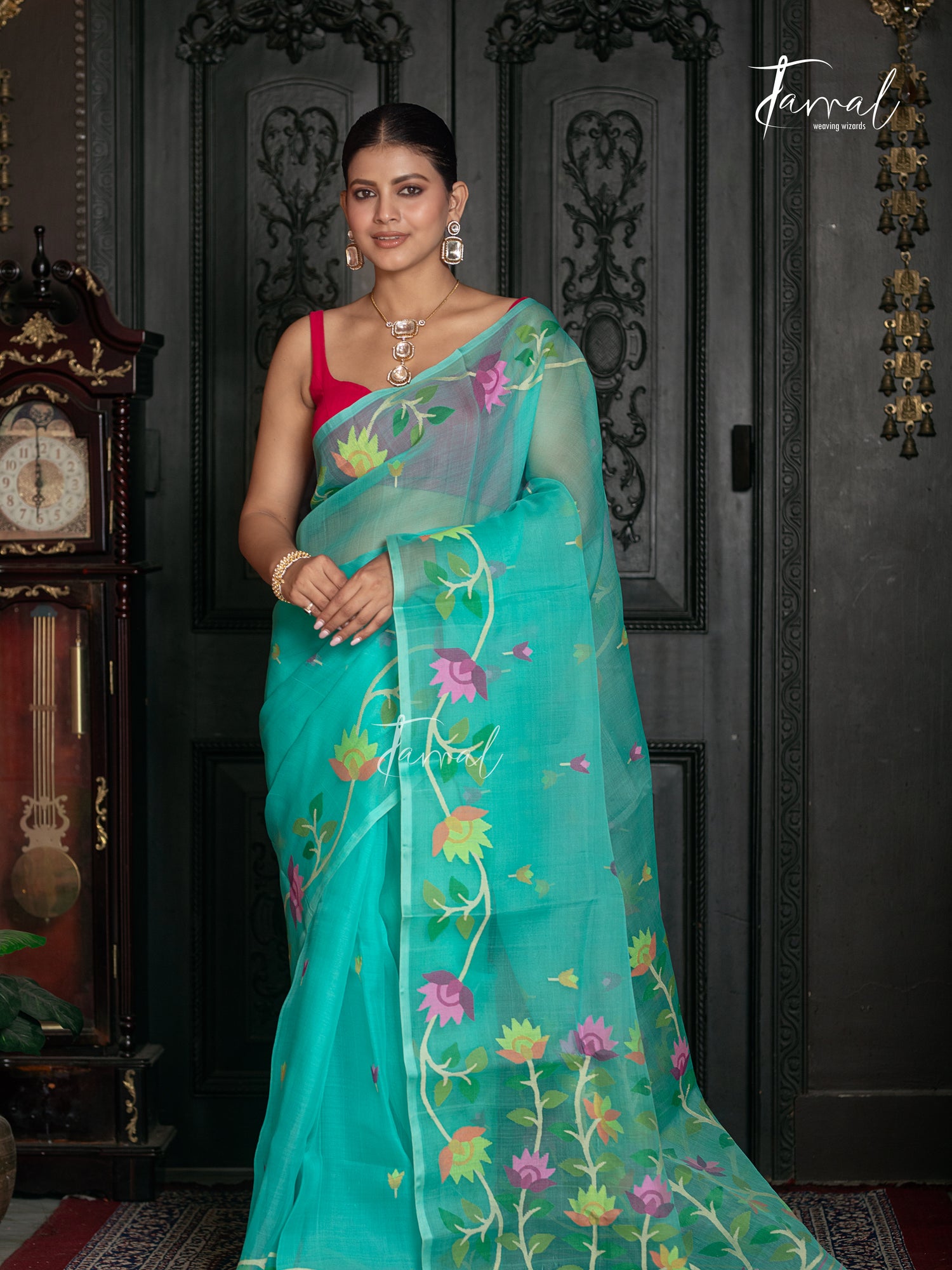 Sea Green With Floral Border Muslin Silk Handwoven Jamdani Saree