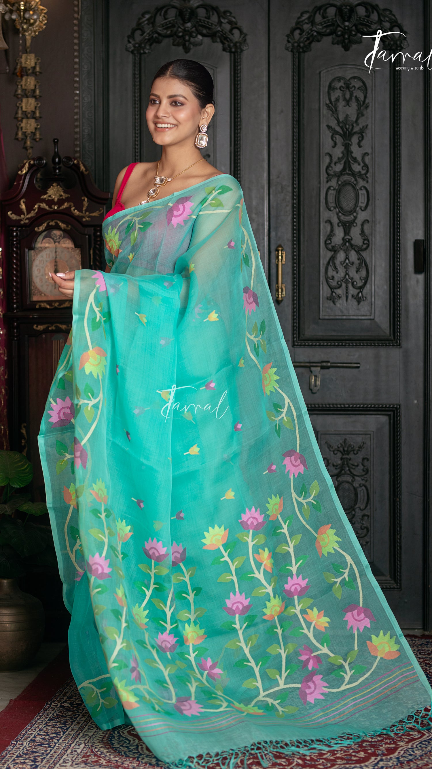 Sea Green With Floral Border Muslin Silk Handwoven Jamdani Saree