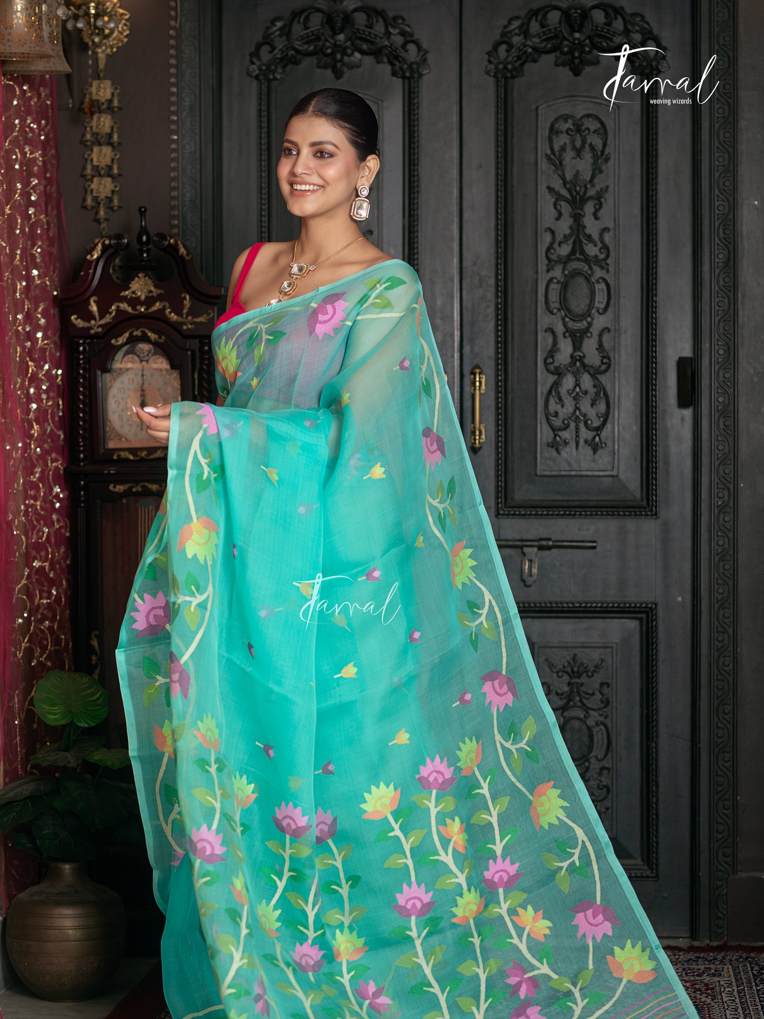 Sea Green With Floral Border Muslin Silk Handwoven Jamdani Saree