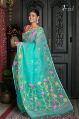 Sea Green With Floral Border Muslin Silk Handwoven Jamdani Saree