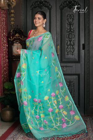 Sea Green With Floral Border Muslin Silk Handwoven Jamdani Saree