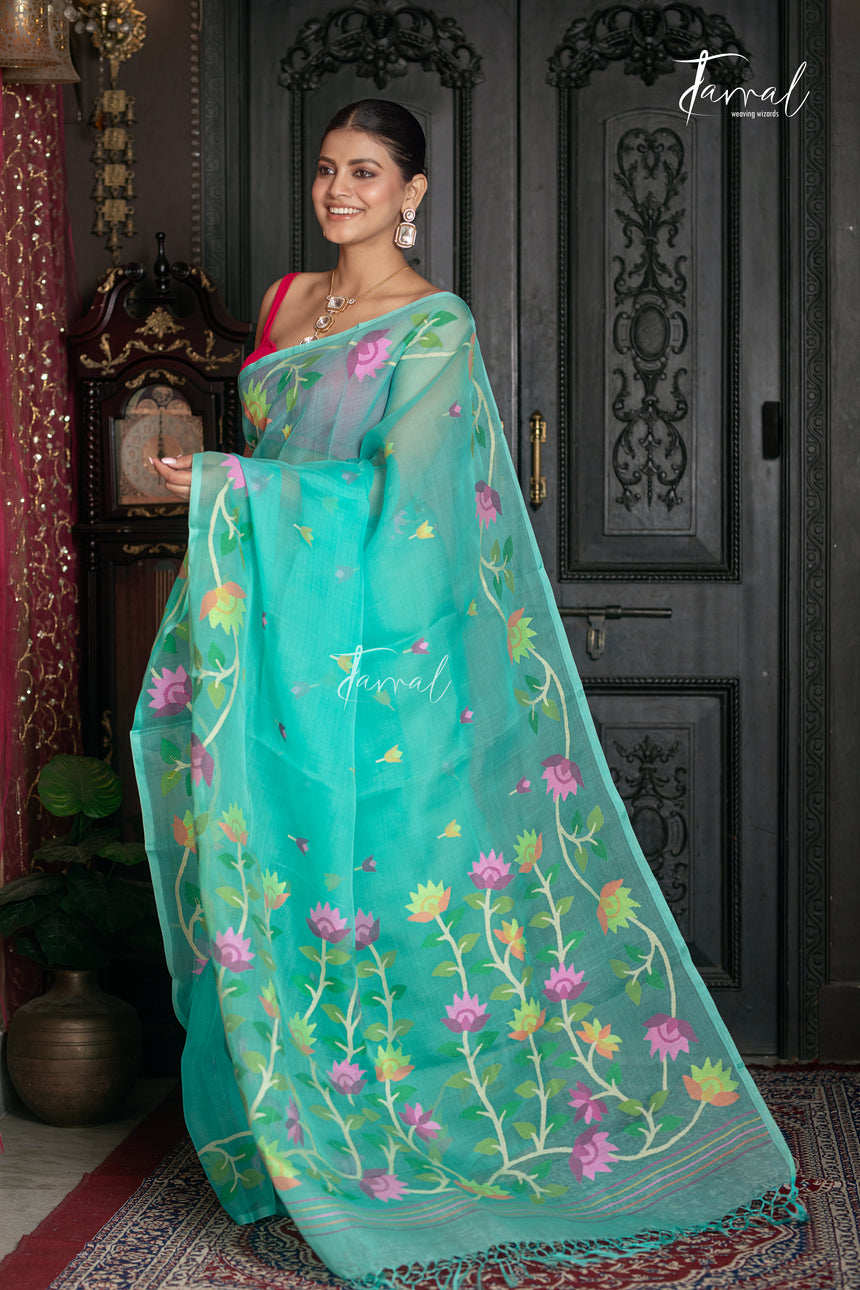 Sea Green With Floral Border Muslin Silk Handwoven Jamdani Saree