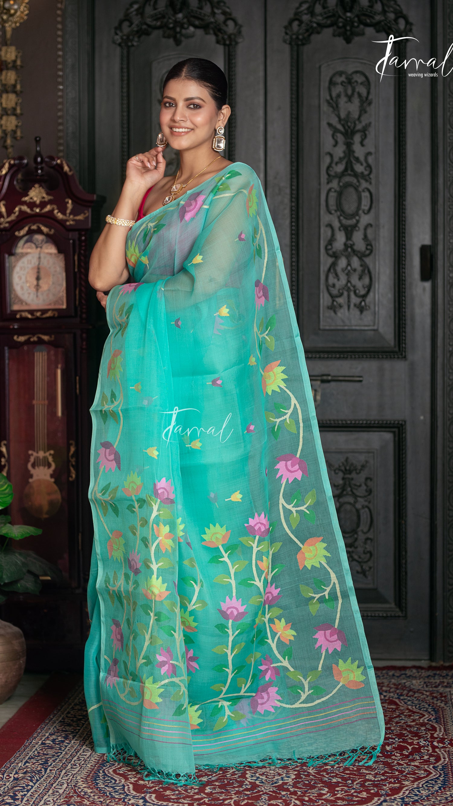 Sea Green With Floral Border Muslin Silk Handwoven Jamdani Saree