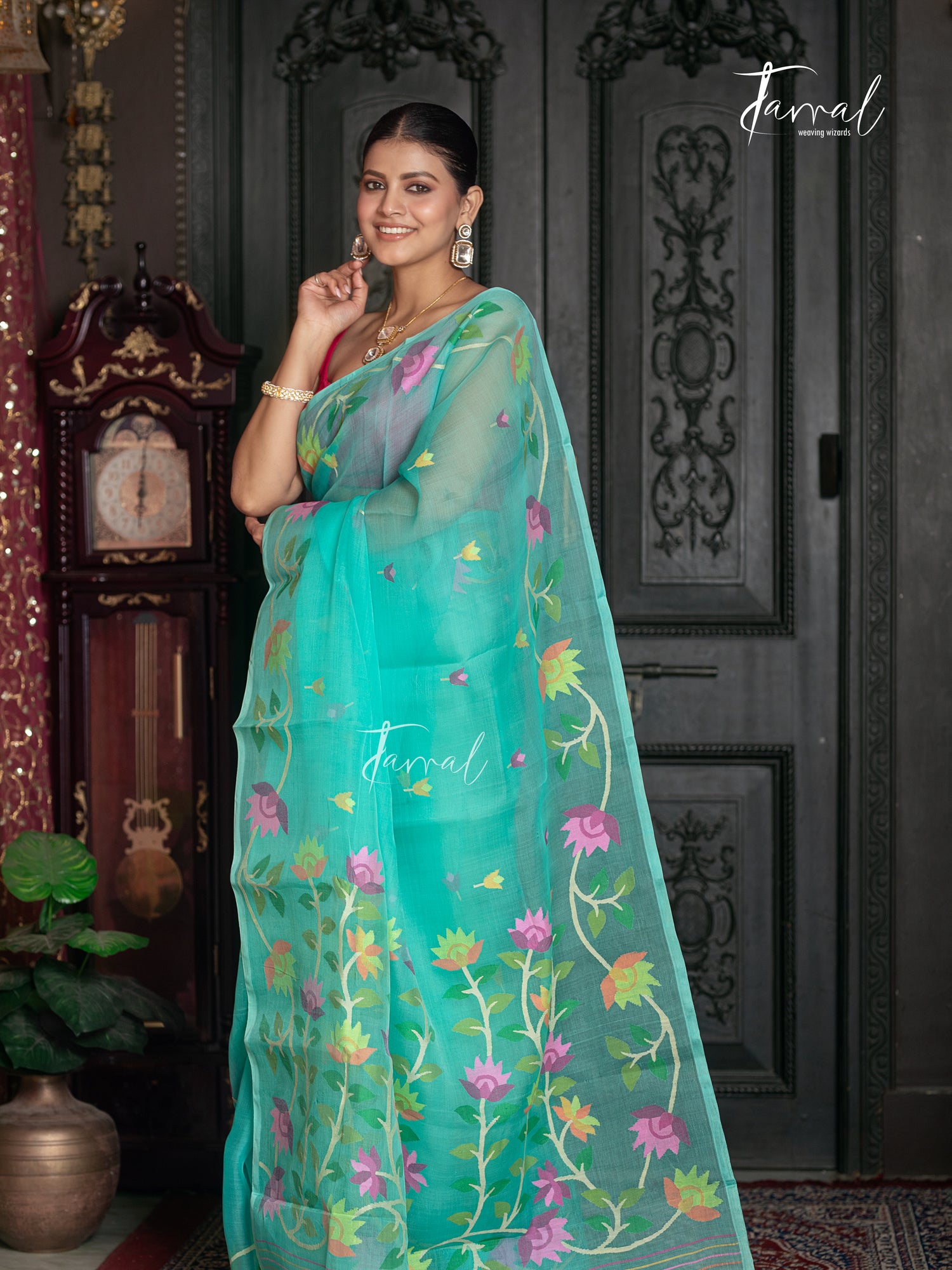 Sea Green With Floral Border Muslin Silk Handwoven Jamdani Saree
