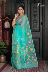 Sea Green With Floral Border Muslin Silk Handwoven Jamdani Saree
