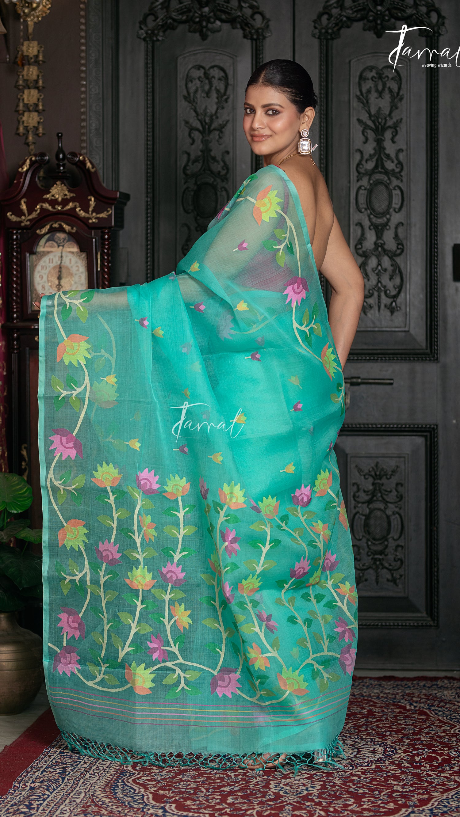 Sea Green With Floral Border Muslin Silk Handwoven Jamdani Saree