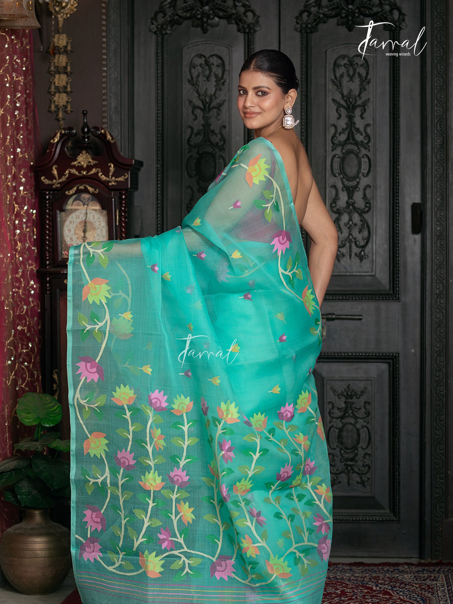 Sea Green With Floral Border Muslin Silk Handwoven Jamdani Saree