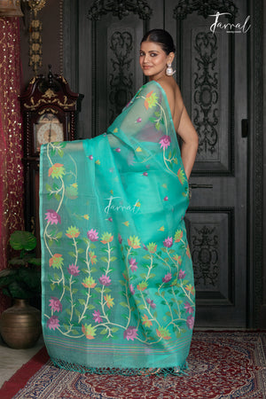 Sea Green With Floral Border Muslin Silk Handwoven Jamdani Saree