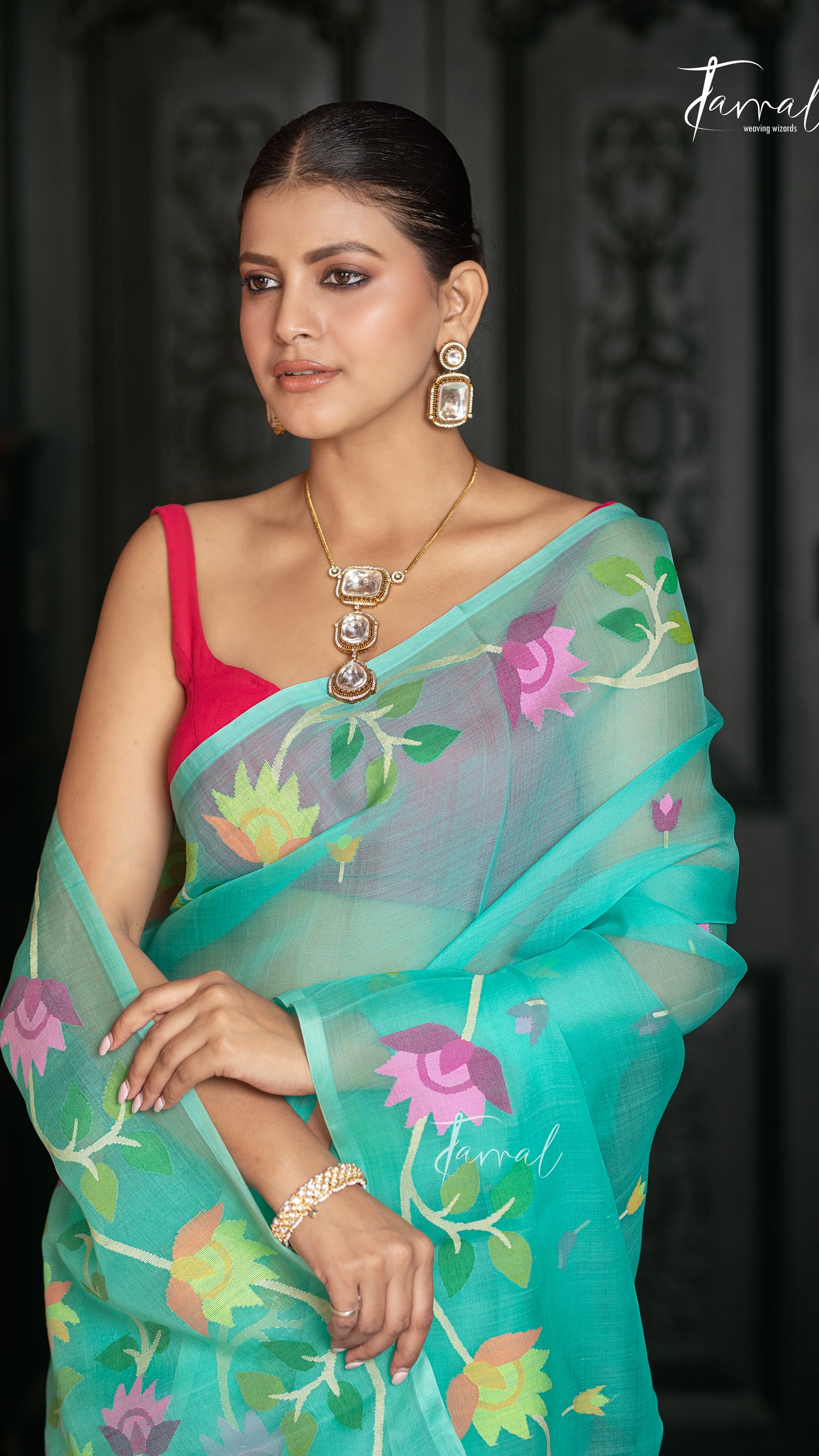Sea Green With Floral Border Muslin Silk Handwoven Jamdani Saree